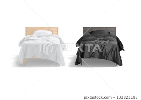 Blank single bed with black and white bedding mockup, transparent background, png, 3d rendering. Empty sleeping beds with duvet, pillow and linen cover mock up, cut out. Blank single bed with black and white bedding mockup, transparent background, png, 3d rendering. Empty sleeping beds with duvet, pillow and linen cover mock up, cut out. 132823185