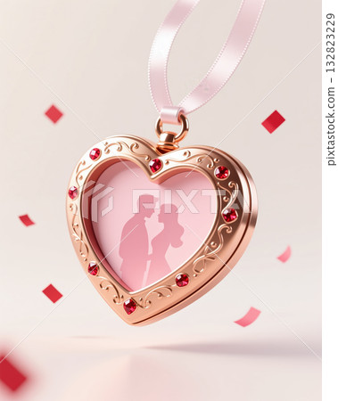 Rose gold heart locket with couples silhouette and red gems. Rose gold heart locket with couples silhouette and red gems. 132823229