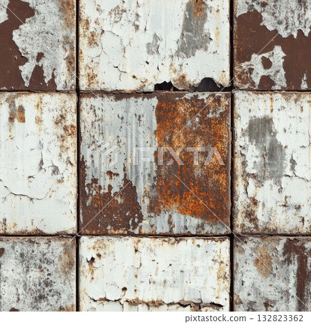 seamless metal texture with faded white paint and rust patches 132823362