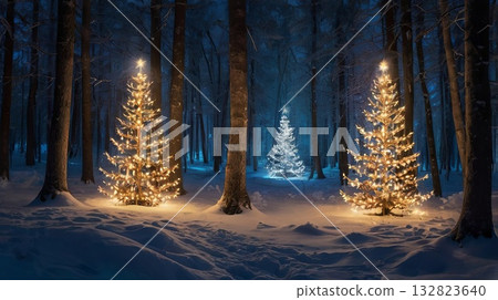 A magical winter forest at night, illuminated by golden lights, surrounded by a sparkling Christmas tree. A banner for holiday, nature, and fantasy themes. A magical winter forest at night, illuminated by golden lights, surrounded by a sparkling Christmas tree. A banner for holiday, nature, and fantasy themes. 132823640