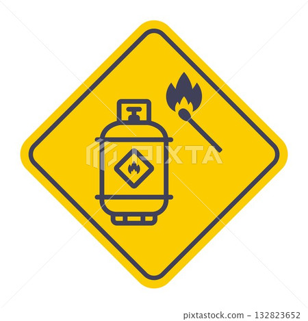 Red gas canister next to a burning match. Fire hazard situation. 132823652