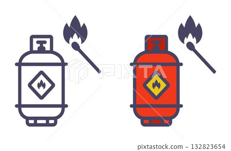 a red gas can next to a burning match. flammable situation. flat vector illustration a red gas can next to a burning match. flammable situation. flat vector illustration 132823654
