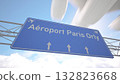 Highway direction sign for Paris Orly Airport with passenger jet lowering toward the airport, arriving to Paris, France. 3D rendering 132823668
