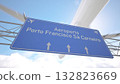 Realistic 3D render of blue sign near Porto Francisco Sa Carneiro Airport with commercial jet arriving from the horizon, arriving to Porto, Portugal. 3D rendering 132823669