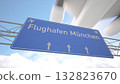 Highway marker pointing to Munich Airport with aircraft heading for touchdown, arriving to Munich, Germany. 3D rendering 132823670