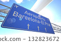 Detailed airport direction sign near Barcelona El Prat Airport with plane lifting off beyond the sign, departing from Barcelona, Spain. 3D rendering 132823672