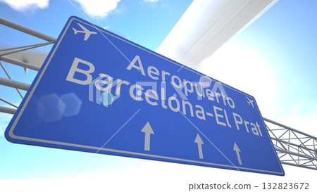 Detailed airport direction sign near Barcelona El Prat Airport with plane lifting off beyond the sign, departing from Barcelona, Spain. 3D rendering 132823672