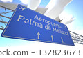 Detailed airport direction sign near Palma de Mallorca Airport with airplane climbing into the sky, departing from Palma de Mallorca, Spain. 3D rendering 132823673