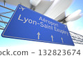 Minimalist transport sign for Lyon Saint Exupery Airport with jetliner leaving the city airspace, departing from Lyon, France. 3D rendering 132823674