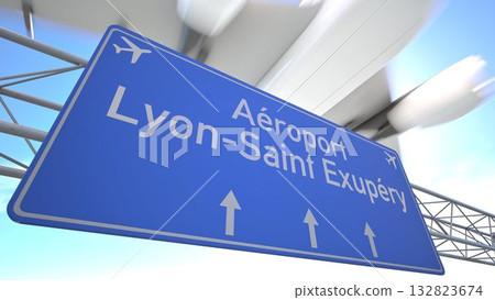 Minimalist transport sign for Lyon Saint Exupery Airport with jetliner leaving the city airspace, departing from Lyon, France. 3D rendering Minimalist transport sign for Lyon Saint Exupery Airport with jetliner leaving the city airspace, departing from Lyon, France. 3D rendering 132823674