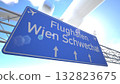 Clean 3D road sign near Vienna Schwechat Airport with passenger jet rising toward the horizon, departing from Vienna, Austria. 3D rendering 132823675
