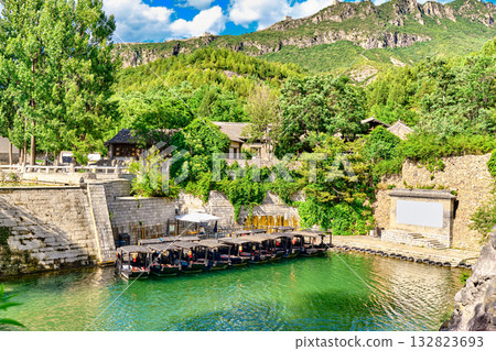 The ancient water town of Gubei near the site of the Great Wall of Simatai on a clear summer day. 132823693