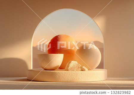 Minimalist Abstract Still Life with Spheres and Bowl in Warm Tones for Modern Decor Generative AI 132823982