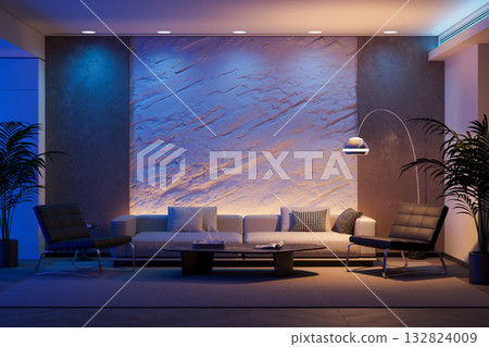 Luxury Interior with Rough Bas-Relief Wall Panel. Blue and Amber Gradient Lighting Highlighting Extreme Stone Texture 132824009