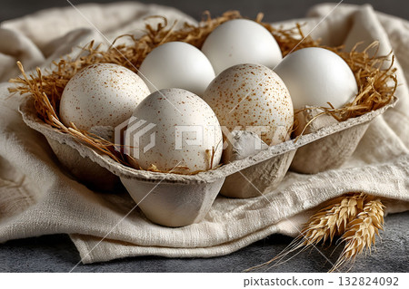 Rustic Organic Eggs in Carton Nesting on Linen with Wheat Stalks Generative AI Rustic Organic Eggs in Carton Nesting on Linen with Wheat Stalks Generative AI 132824092