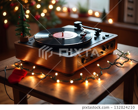 Cozy christmas scene featuring vinyl record playing on turntable, surrounded by warm festive lights, holiday decor and sense of nostalgic warmth Cozy christmas scene featuring vinyl record playing on turntable, surrounded by warm festive lights, holiday decor and sense of nostalgic warmth 132824210