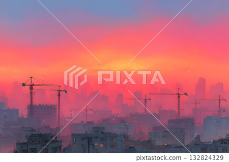 Urban Sunrise with Cranes and Cityscape Silhouette for Architectural Prints Generative AI 132824329