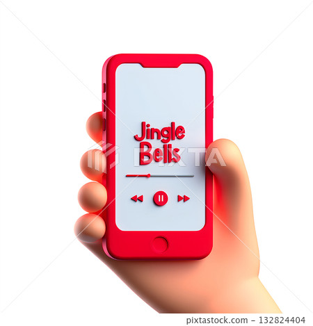 3d cartoon hand holding smartphone displaying festive christmas music player app with holiday-themed interface, perfect for streaming season concepts 132824404