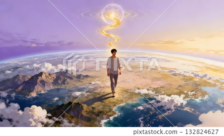 A man walking the earth guided by his higher self - Spiritual illustration A man walking the earth guided by his higher self - Spiritual illustration 132824627