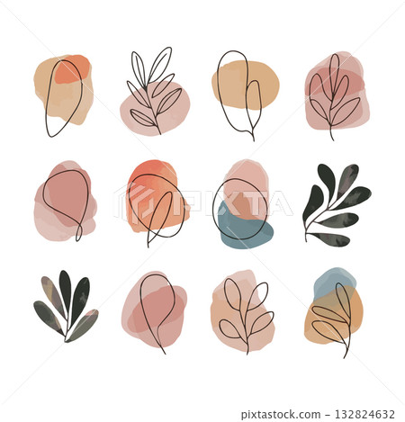 Abstract botanical designs with earthy tones and simple line art for modern decor 132824632