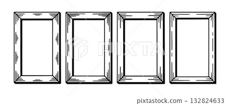 Four empty wooden picture frames lined up ready for artwork display or decoration in a simple, artistic setting 132824633