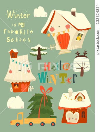 Cartoon Illustration with Cute Christmas Houses Cartoon Illustration with Cute Christmas Houses 132824834