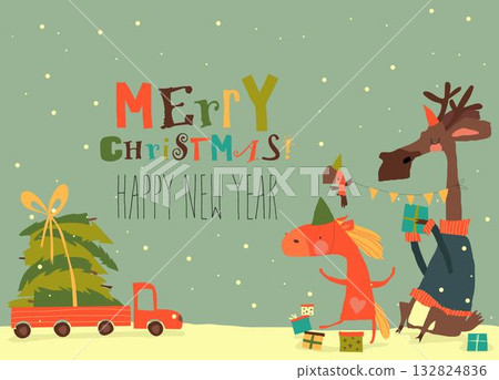 Cute Elk and Red Horse celebrating Christmas 132824836
