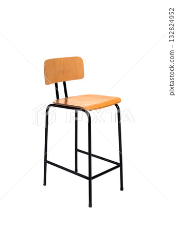 Simple wooden bar chair with black metal legs, minimalist industrial design isolated on white background. 132824952