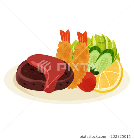 漢堡牛排與炸蝦什錦拼盤，水彩風格手繪向量圖 132825015