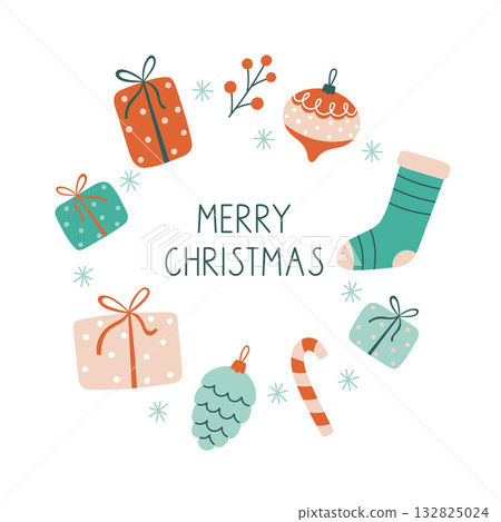 Merry Christmas illustration with gifts and decorations Merry Christmas illustration with gifts and decorations 132825024