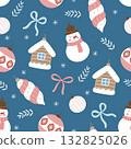 Christmas seamless pattern with snowman, houses and ornaments 132825026