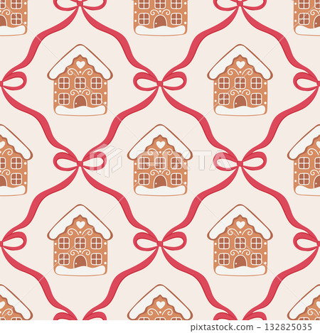 Seamless pattern with gingerbread houses and red bows on beige background 132825035