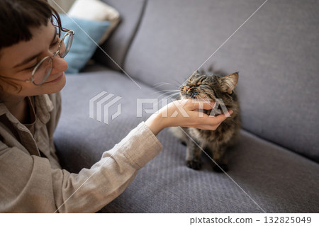 Young cheerful woman pet owner spending time at home with cat, sitting beside couch stroking kitty. Young cheerful woman pet owner spending time at home with cat, sitting beside couch stroking kitty. 132825049