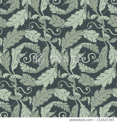 Hand drawn green acanthus leaf Art Nouveau line seamless pattern. Elegant floral vector background for print and digital design. Vintage botanical texture Hand drawn green acanthus leaf Art Nouveau line seamless pattern. Elegant floral vector background for print and digital design. Vintage botanical texture 132825365