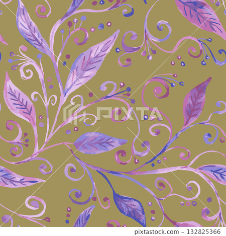 Watercolor style abstract botanical seamless pattern with purple foliage and swirls Watercolor style abstract botanical seamless pattern with purple foliage and swirls 132825366