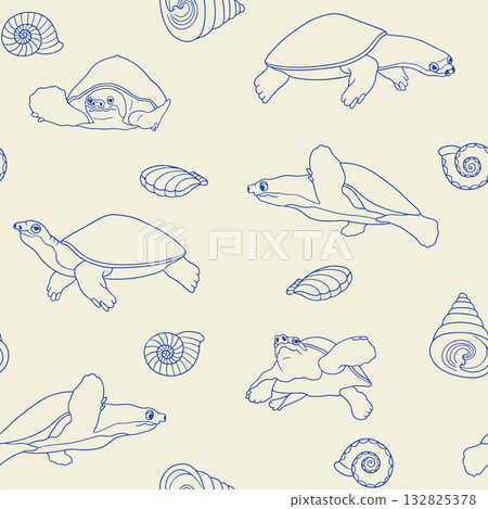 Cute sea turtles and conch shells coastal seamless pattern vector illustration 132825378