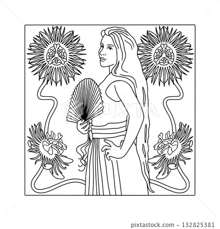 Art nouveau style beautiful long hair woman holding asian fan and passiflora frame adult coloring book page vector illustration 132825381