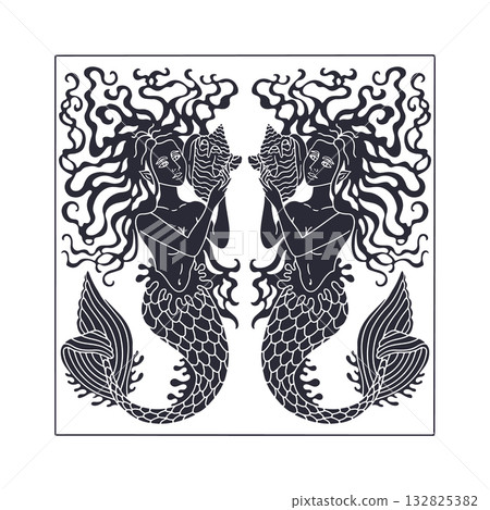 Art nouveau style mermaid silhouette with long hair holding conch shell hand drawn linocut vector illustration 132825382