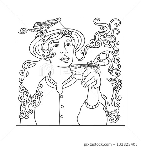 Art nouveau style beautiful long hair woman and silkmoths adult coloring book page vector illustration 132825403