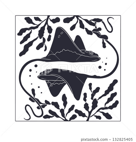 Art nouveau style stingray couple swimming in ocean amongst seaweed black silhouette hand drawn vector illustration Art nouveau style stingray couple swimming in ocean amongst seaweed black silhouette hand drawn vector illustration 132825405