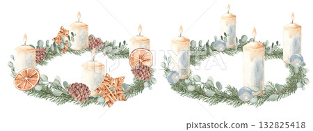 Christmas Advent Wreaths set with burning Candles. Winter plants and Christmas toys. Fourth Advent. Hand drawn Illustration in vintage style isolated on background. For Cards, Invitations and prints. Christmas Advent Wreaths set with burning Candles. Winter plants and Christmas toys. Fourth Advent. Hand drawn Illustration in vintage style isolated on background. For Cards, Invitations and prints. 132825418
