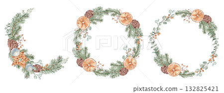 Christmas Wreaths, circle frames set. Winter plants and dry orange slices. Hand drawn Botanical Illustration of Fir Branches, Eucalyptus, Pine Cones and Berries isolated on white background. For 132825421