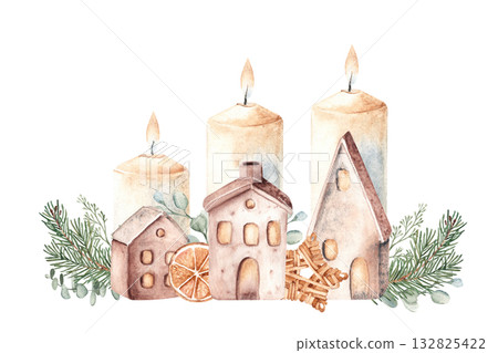 Watercolor Christmas Advent Composition. Third Advent. Candles with Ceramic houses in Fir Branches and eucalyptus. Orange slice and Winter berries. Cozy home decoration in Rustic style. Hand drawn 132825422