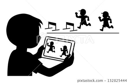 Silhouette illustration of a child taking a picture of a physical education class on a tablet 132825444