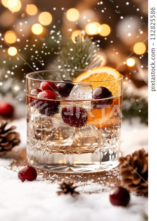 warm cranberry festive beverage, seasonal hot cranberry cocktail decorated for winter celebrations, festive warm cranberry beverage garnished with seasonal decorations for winter festivities 132825586