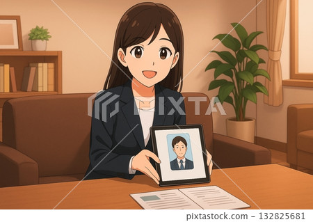 一位顧問在平板電腦上介紹男性個人資料。 132825681