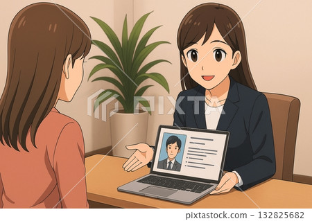 顧問在筆記型電腦上展示一名男子的個人資料 132825682