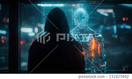 Dark urban scene with a hooded user and a transparent android, illuminated by neon text and circuitry lines. 132825692