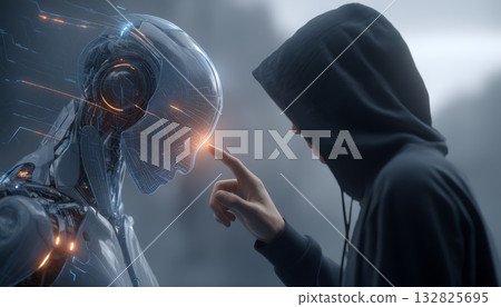 Dark urban scene with a hooded user and a transparent android, illuminated by neon text and circuitry lines. 132825695