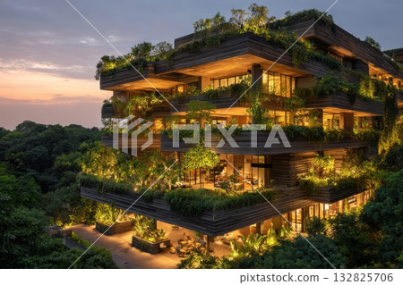 Drone view of green architectural complex with rooftop gardens, solar energy, and lush forest surroundings Drone view of green architectural complex with rooftop gardens, solar energy, and lush forest surroundings 132825706